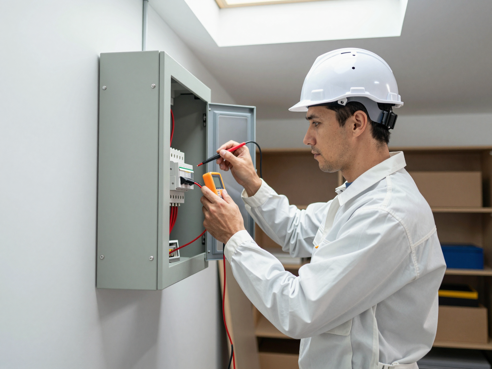 Electrician working on circuit breaker panel installation